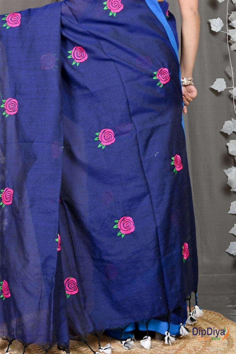 Naby Blue Pure Cotton Parag Embroidery Handloom saree (212)